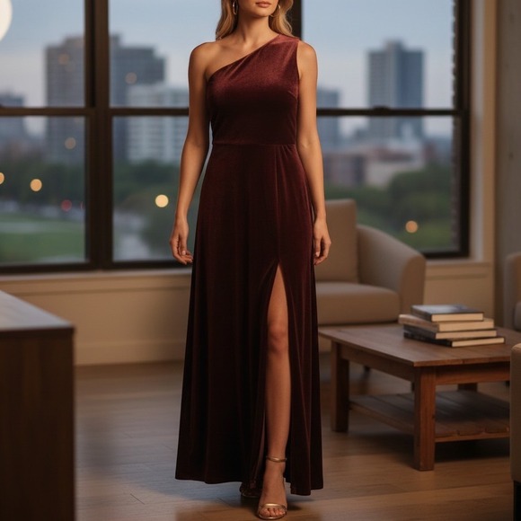 Baltic Born Dresses & Skirts - Baltic Born One Shoulder Velvet Maxi Dress Mahogany Brown Formal Gown Large